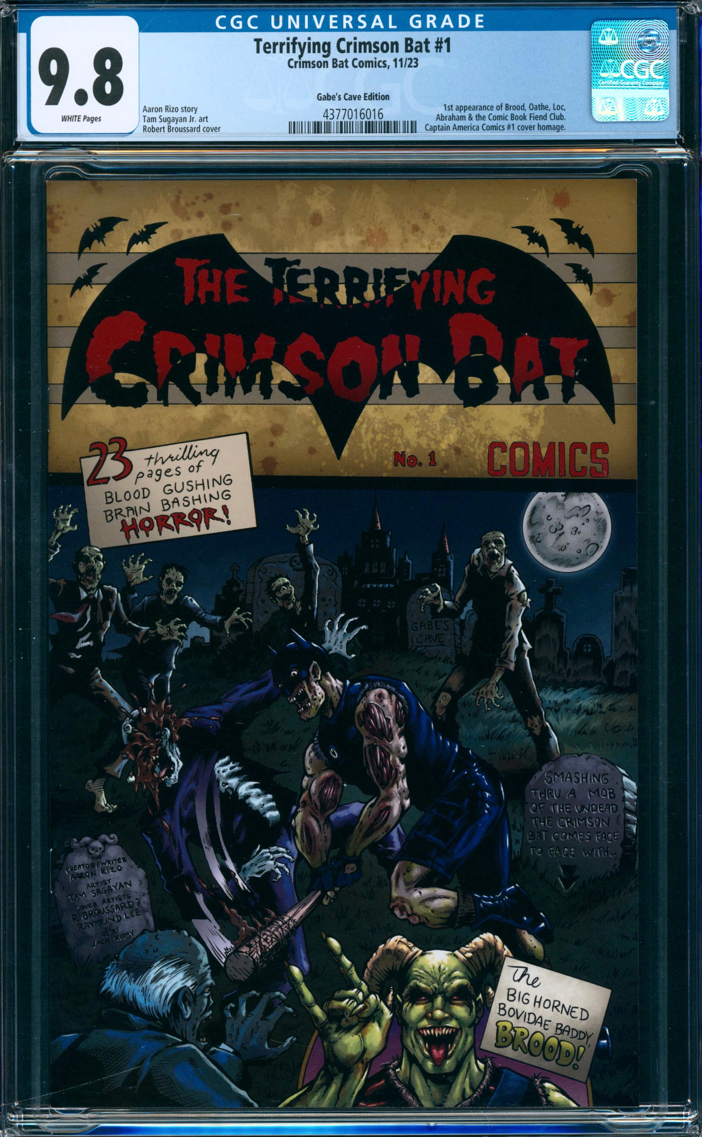The Terrifying Crimson Bat #1 (Captain American #1 Homage Variant by Rob Broussard) Gabe’s Cave Shop Exclusive CGC 9.8
